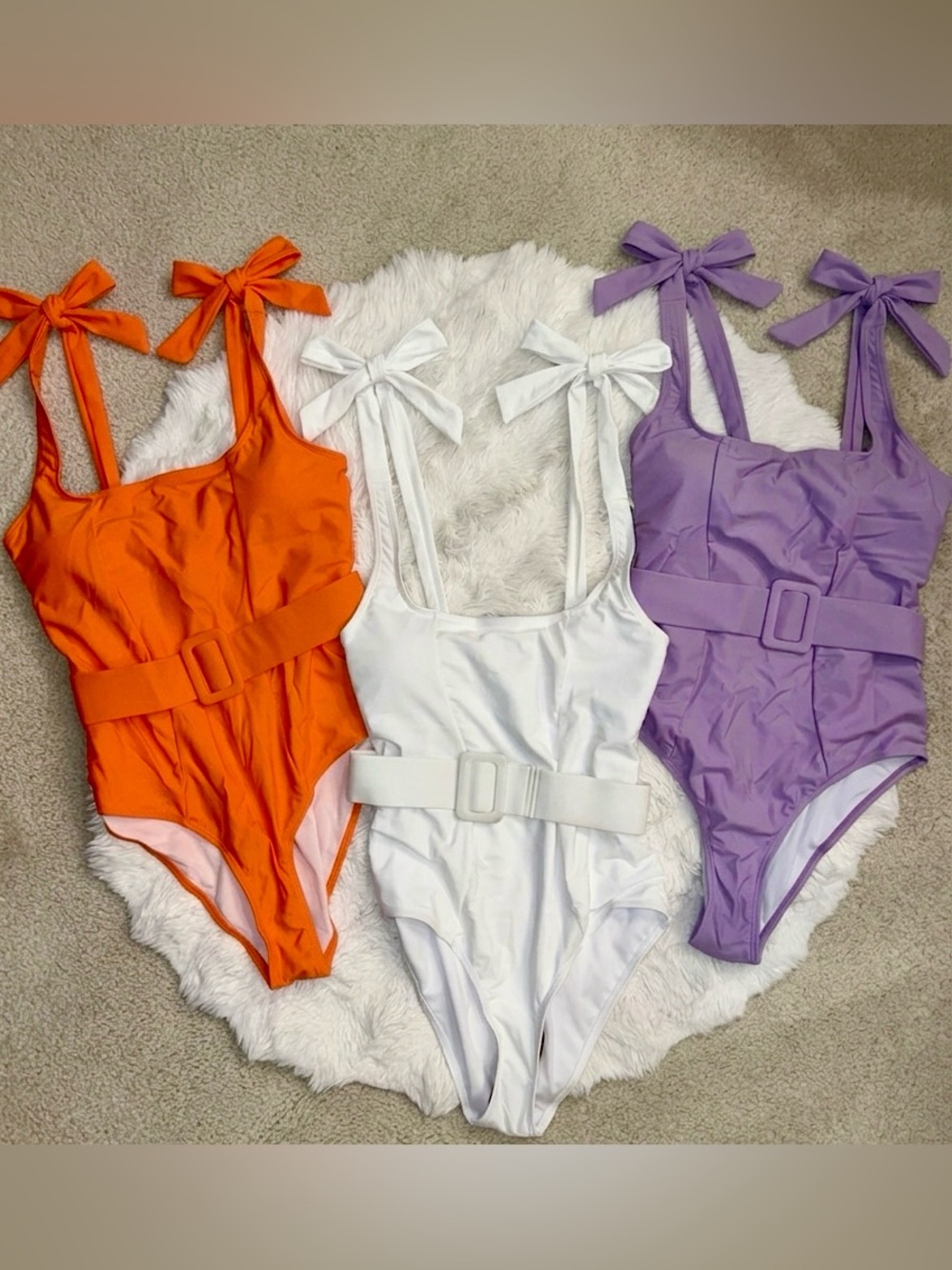 ☀️🩱NWT Belted Tie-Shoulder One Piece Swimsuit Bundle Trio | Orange White Purple